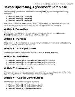 Printable  Operating Agreement Document for Texas