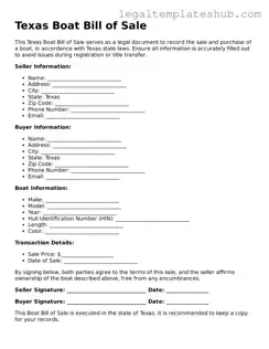 Printable  Boat Bill of Sale Document for Texas