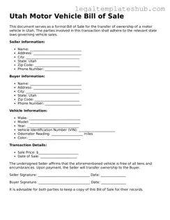 Printable  Motor Vehicle Bill of Sale Document for Utah