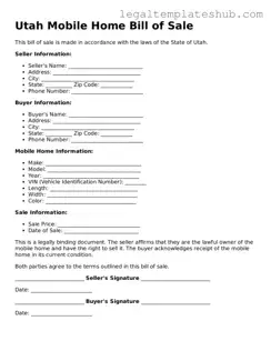Printable  Mobile Home Bill of Sale Document for Utah