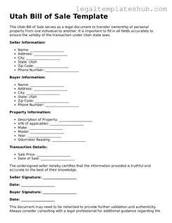 Printable  Bill of Sale Document for Utah