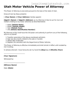 Printable  Motor Vehicle Power of Attorney Document for Utah