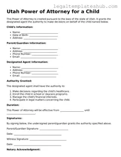 Printable  Power of Attorney for a Child Document for Utah
