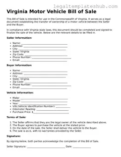 Printable  Motor Vehicle Bill of Sale Document for Virginia