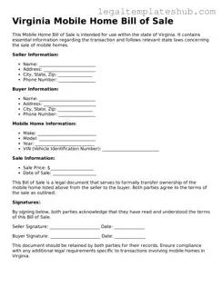 Printable  Mobile Home Bill of Sale Document for Virginia
