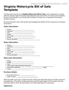 Printable  Motorcycle Bill of Sale Document for Virginia