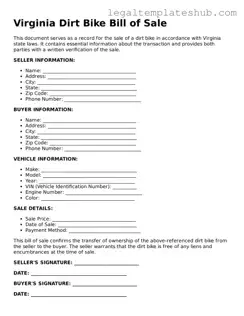 Printable  Dirt Bike Bill of Sale Document for Virginia