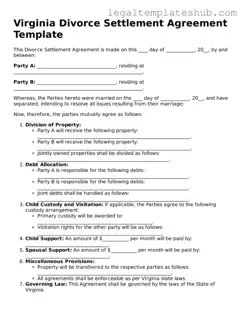 Printable  Divorce Settlement Agreement Document for Virginia