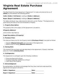 Printable  Real Estate Purchase Agreement Document for Virginia