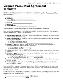 Printable  Prenuptial Agreement Document for Virginia
