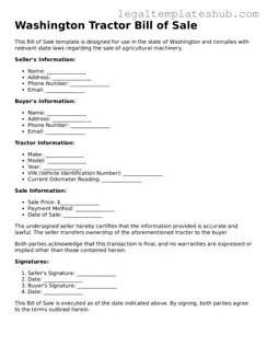 Printable  Tractor Bill of Sale Document for Washington