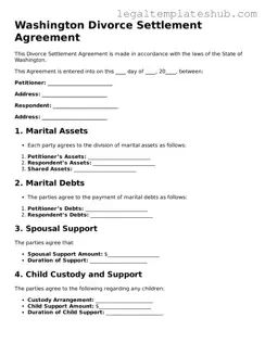 Printable  Divorce Settlement Agreement Document for Washington