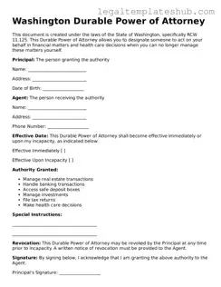 Printable  Durable Power of Attorney Document for Washington