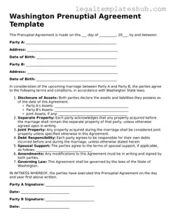 Printable  Prenuptial Agreement Document for Washington