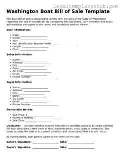 Printable  Boat Bill of Sale Document for Washington