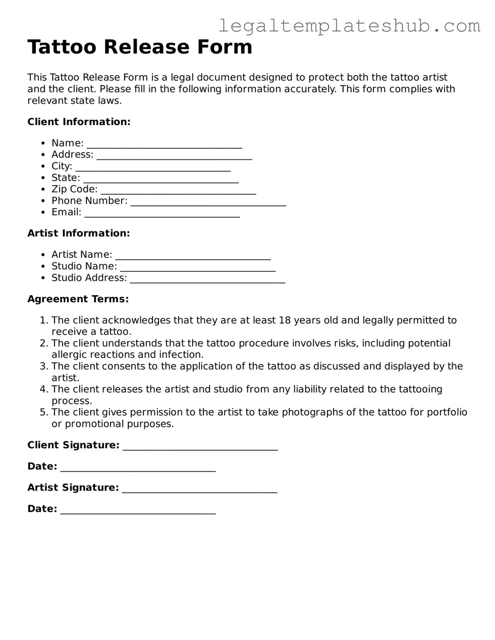 Printable Tattoo Release Template