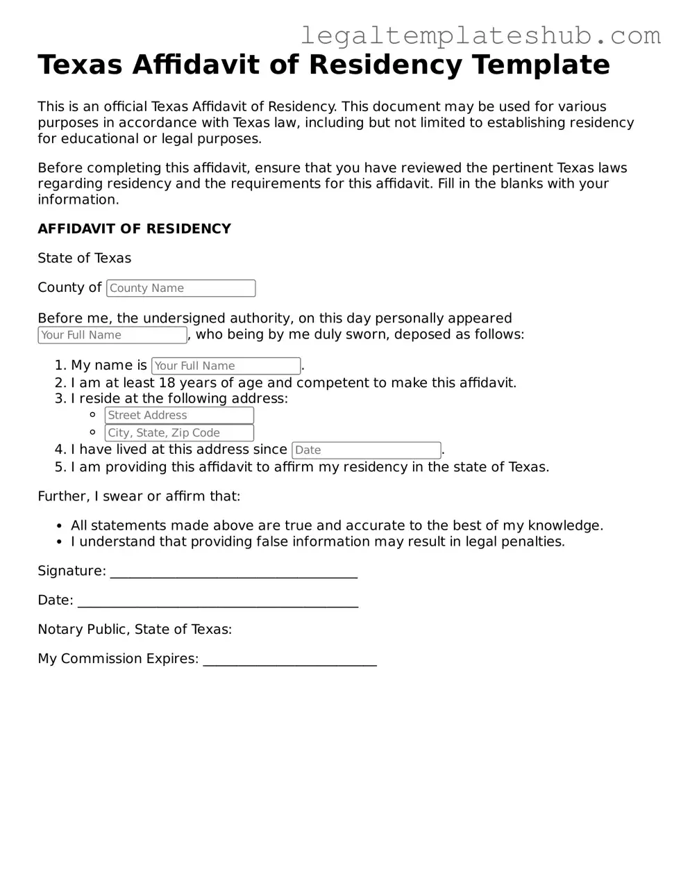 Printable Affidavit of Residency Document for Texas
