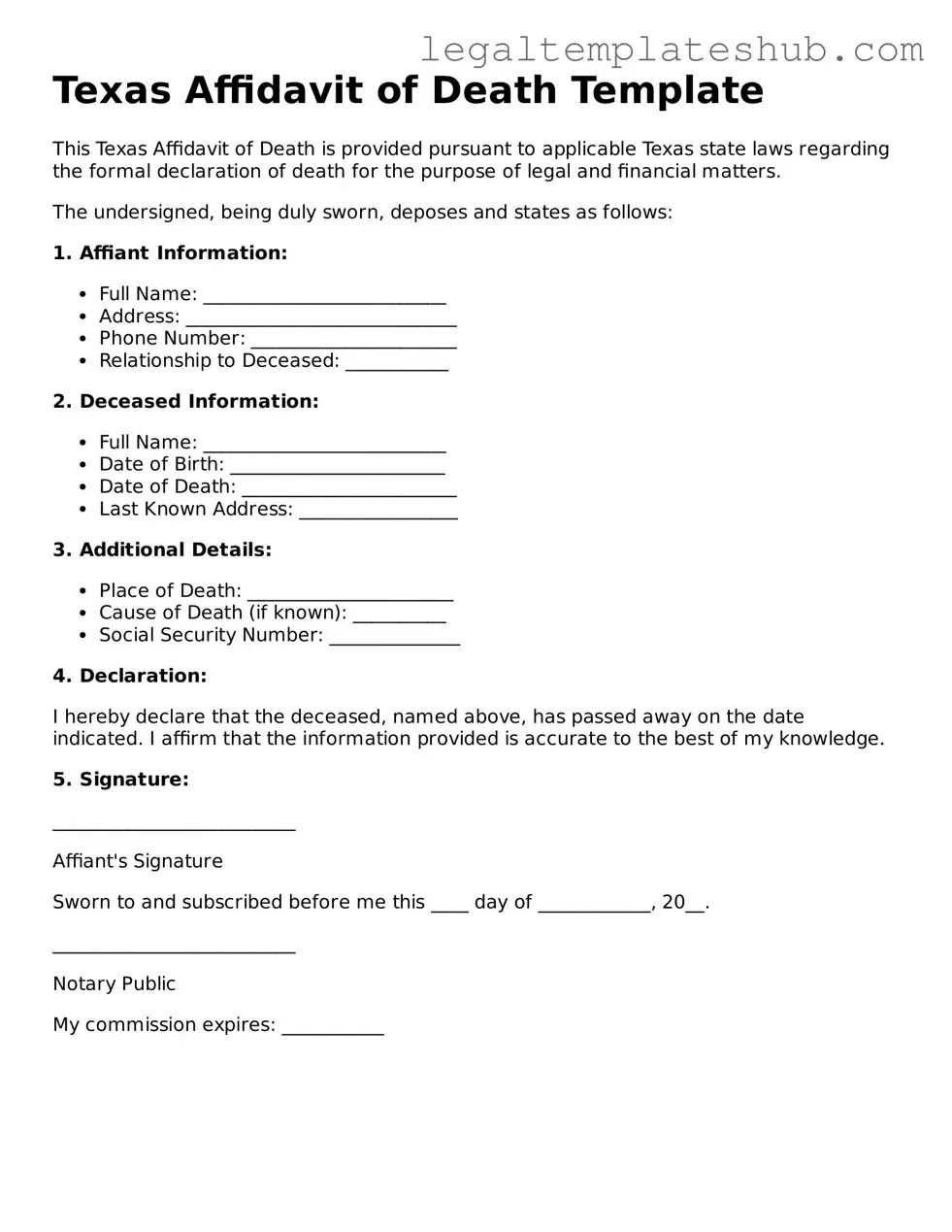 Printable Affidavit of Death Document for Texas