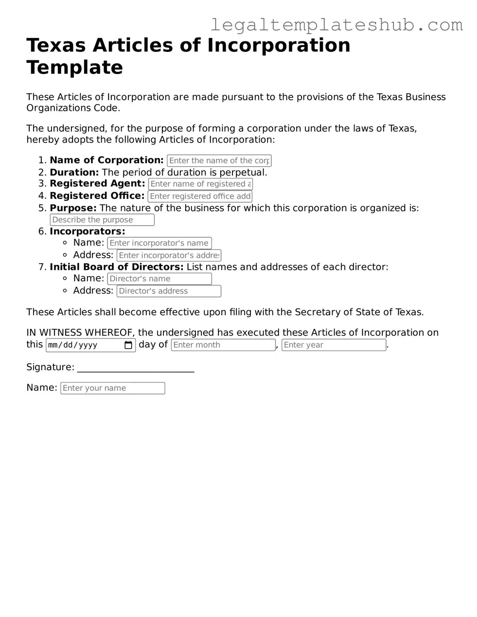Printable Articles of Incorporation Document for Texas