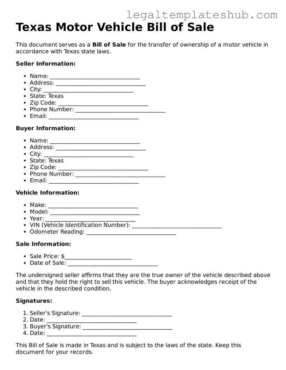 Printable  Motor Vehicle Bill of Sale Document for Texas