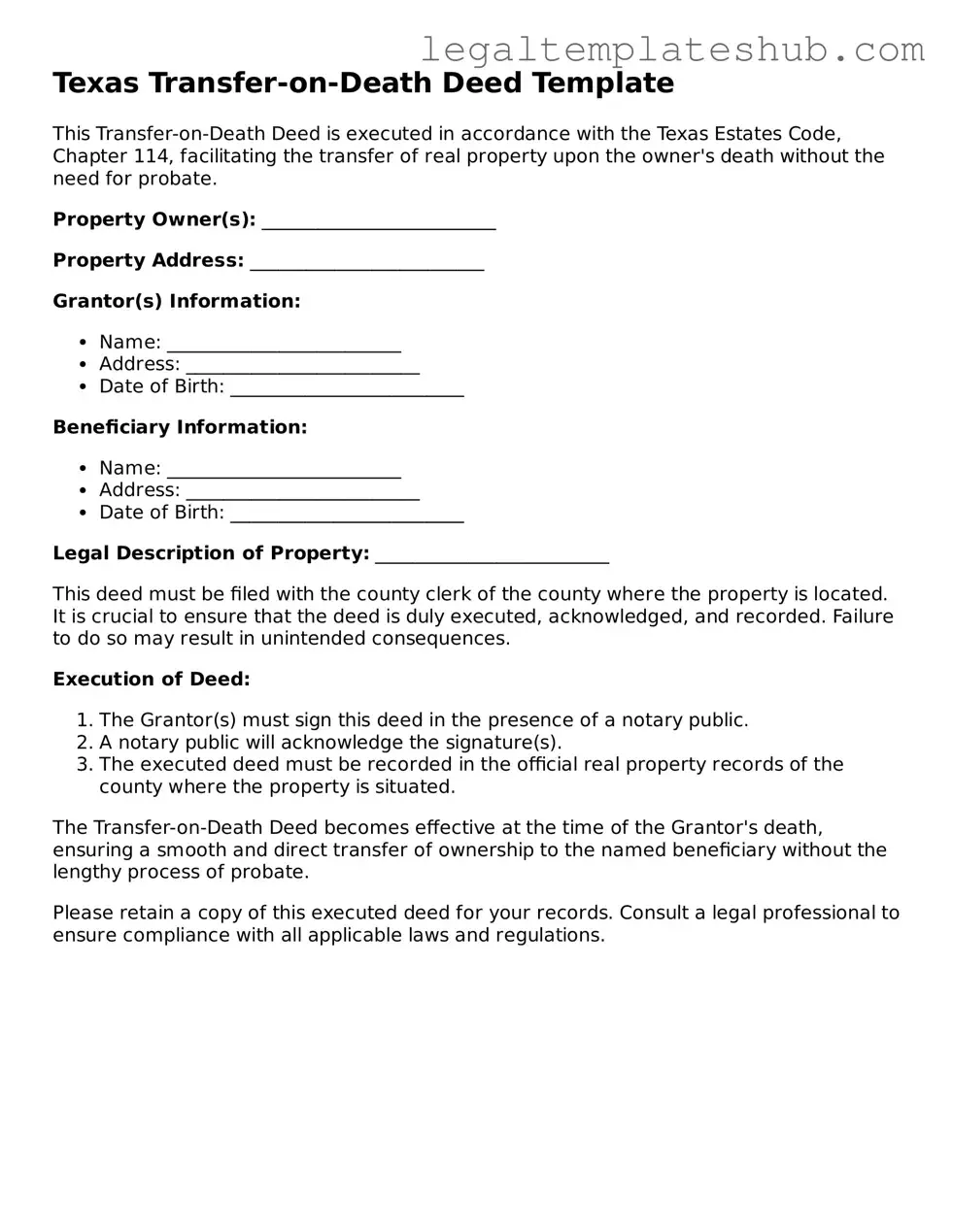 Printable Transfer-on-Death Deed Document for Texas