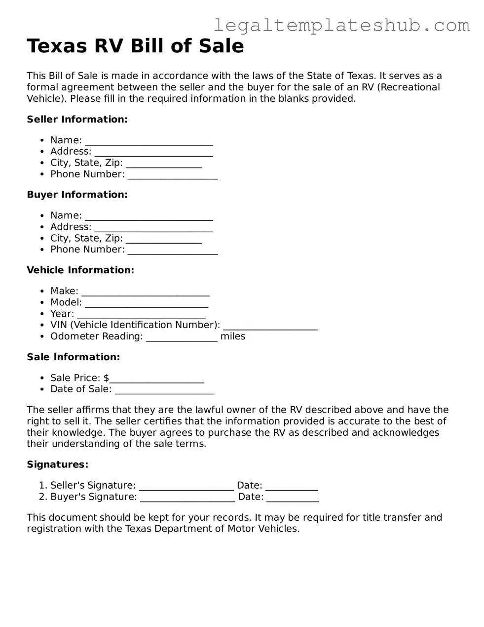 Printable RV Bill of Sale Document for Texas