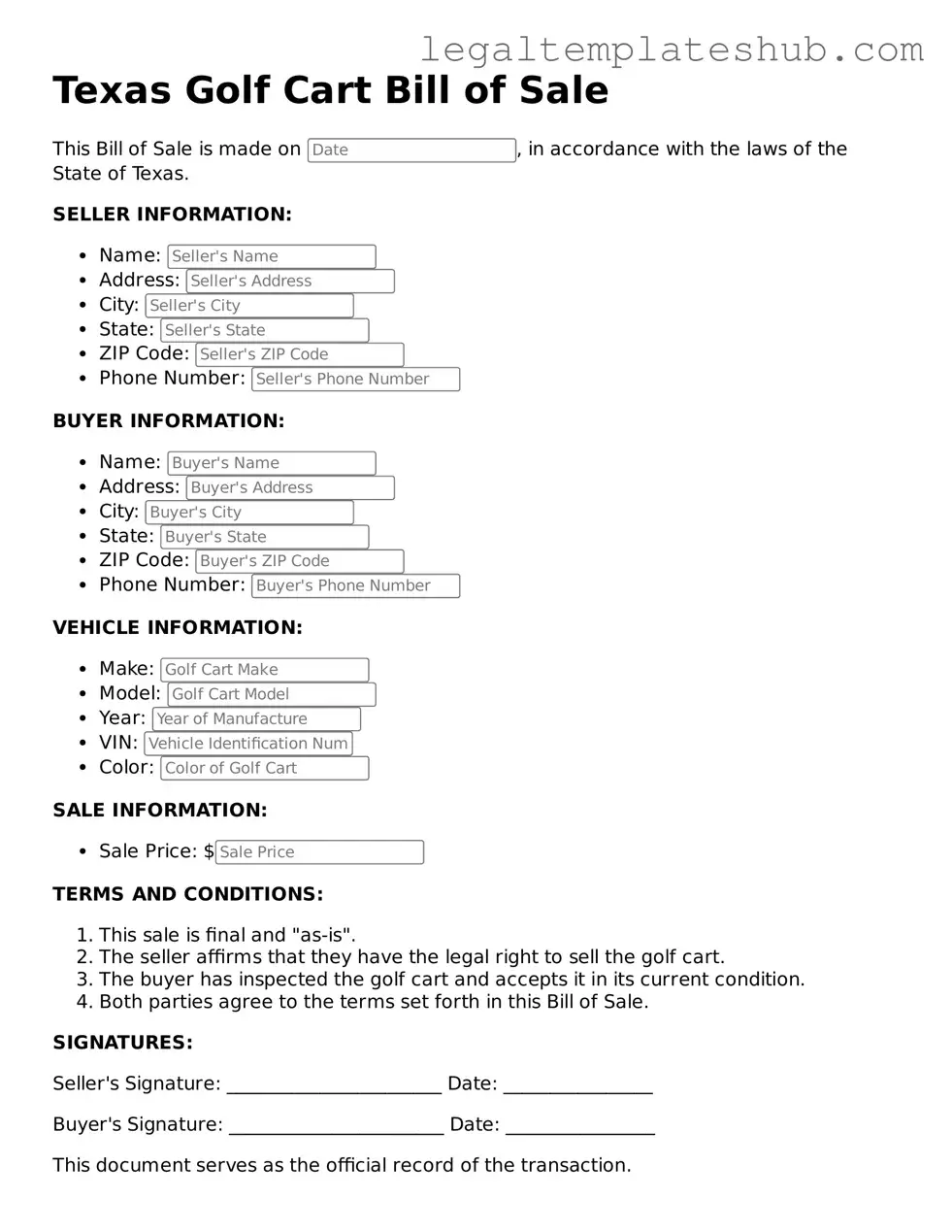 Printable  Golf Cart Bill of Sale Document for Texas