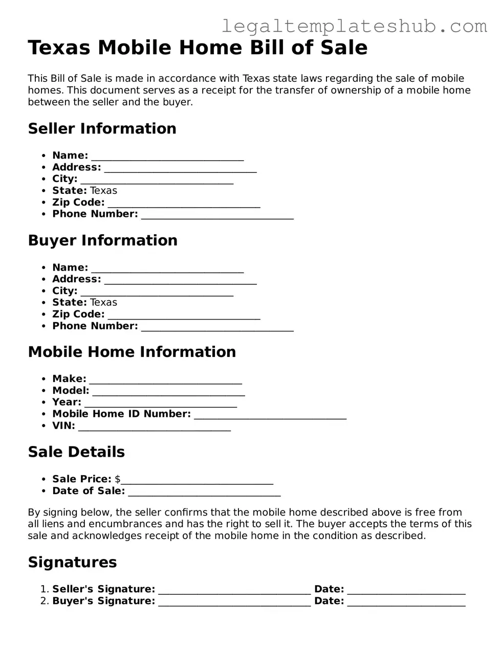 Printable  Mobile Home Bill of Sale Document for Texas