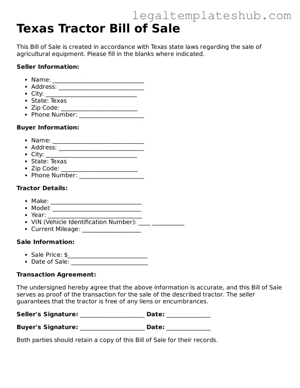 Printable  Tractor Bill of Sale Document for Texas