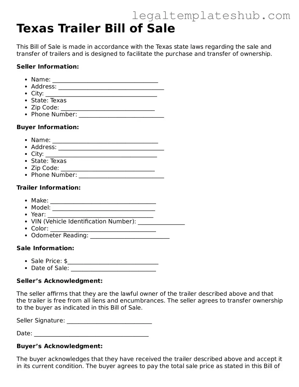 Printable Trailer Bill of Sale Document for Texas