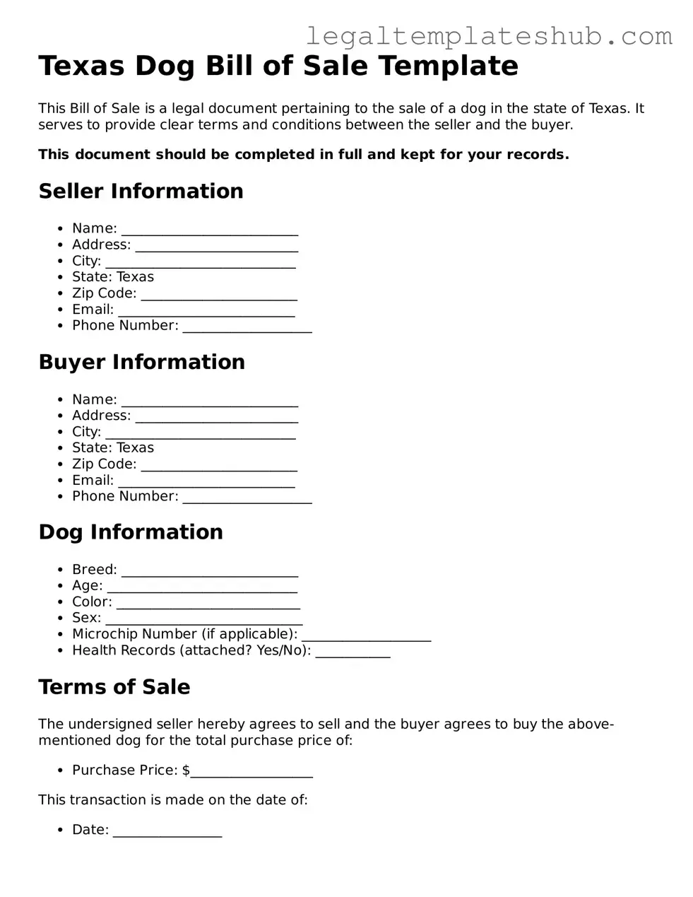 Printable  Dog Bill of Sale Document for Texas