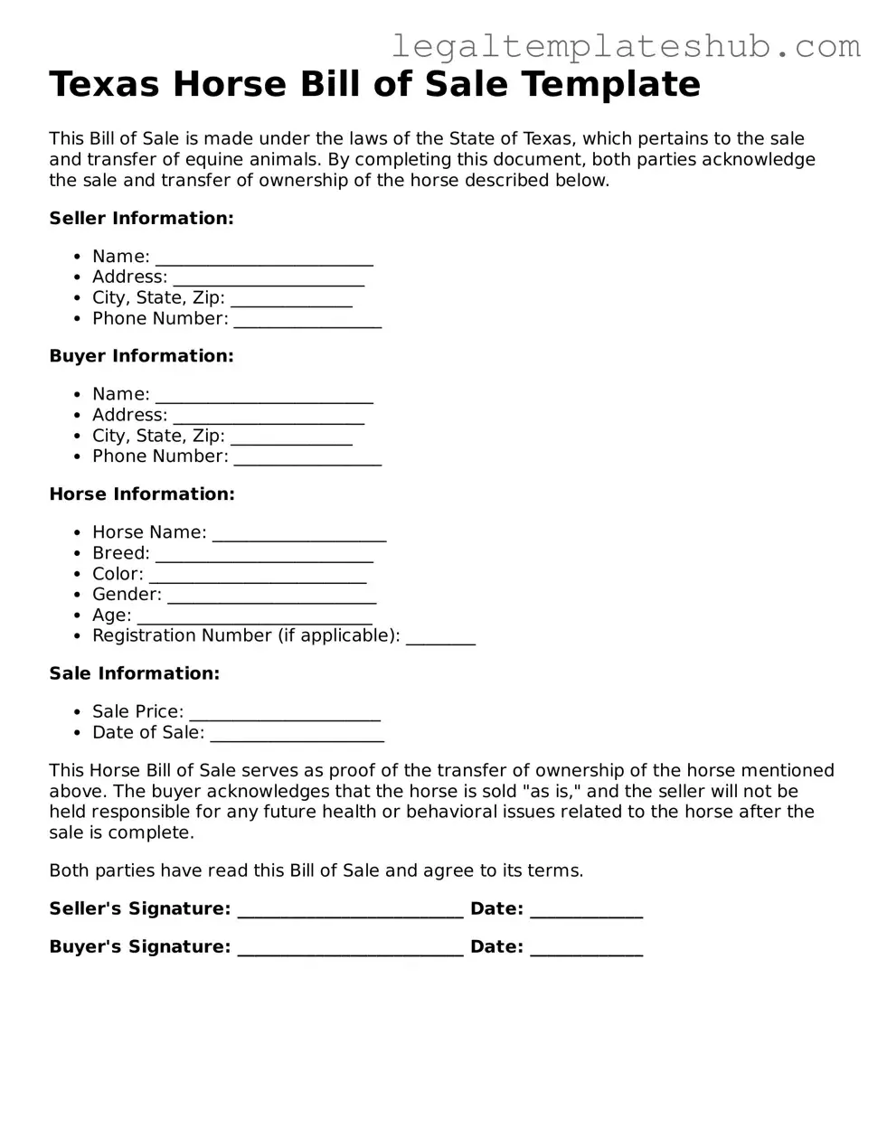 Printable  Horse Bill of Sale Document for Texas