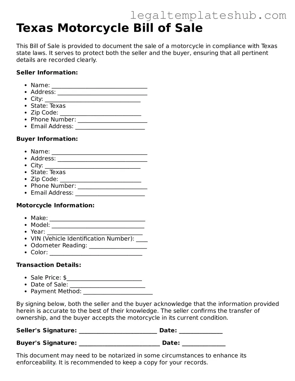 Printable  Motorcycle Bill of Sale Document for Texas