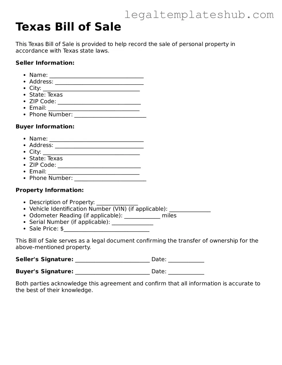 Printable  Bill of Sale Document for Texas
