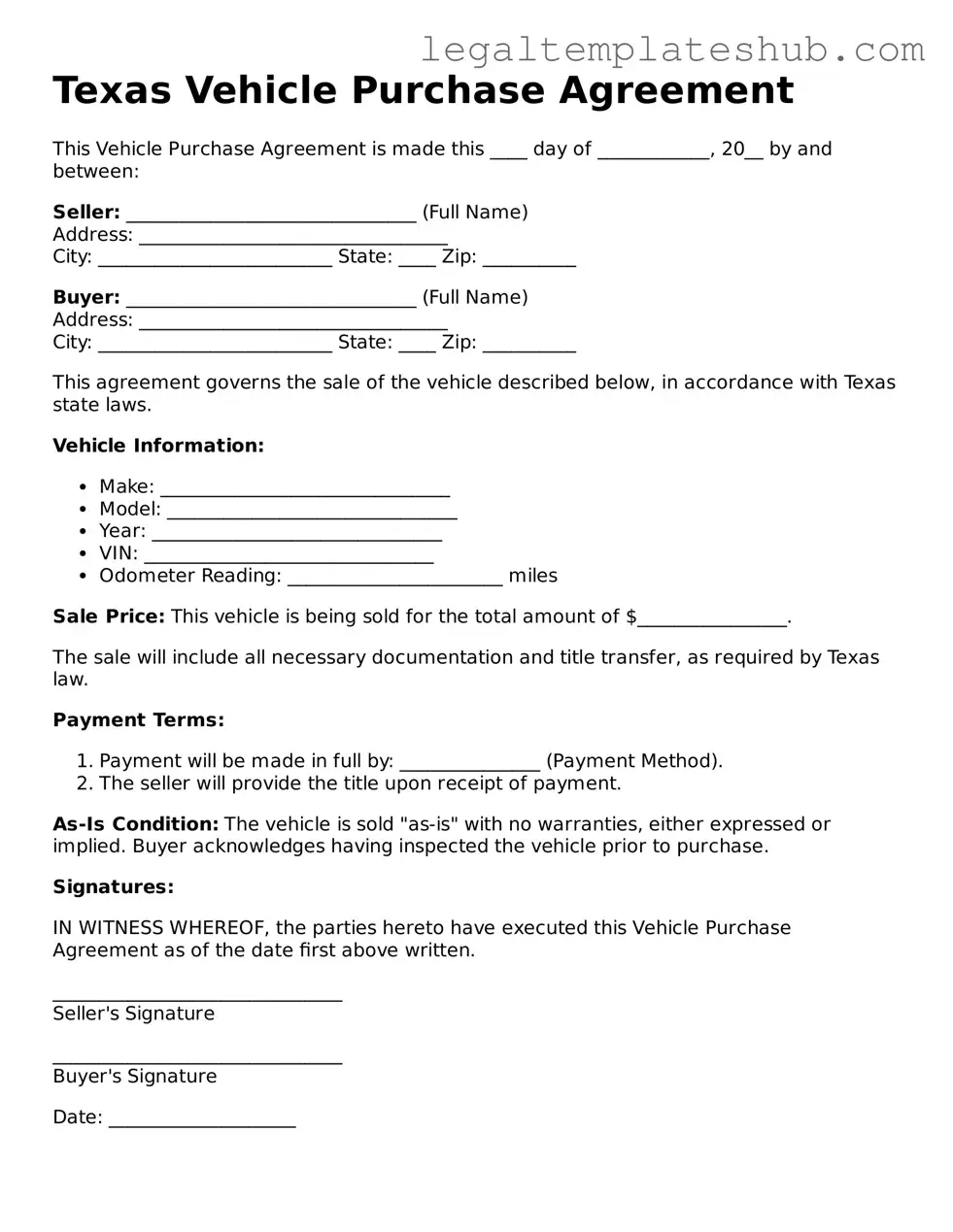 Printable  Vehicle Purchase Agreement Document for Texas