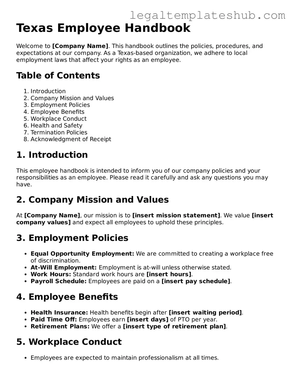 Printable Employee Handbook Document for Texas