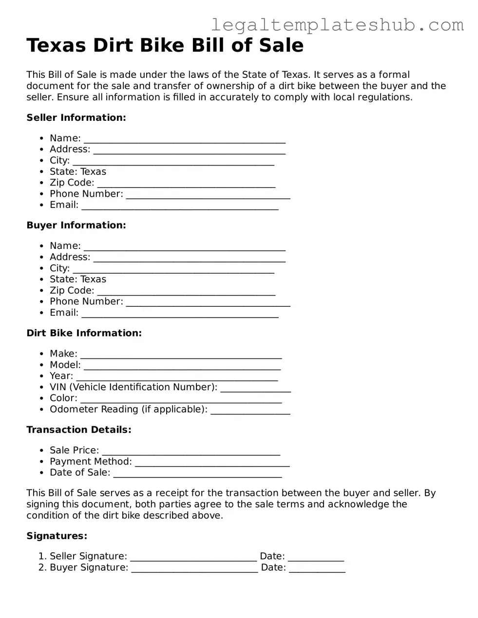 Printable  Dirt Bike Bill of Sale Document for Texas
