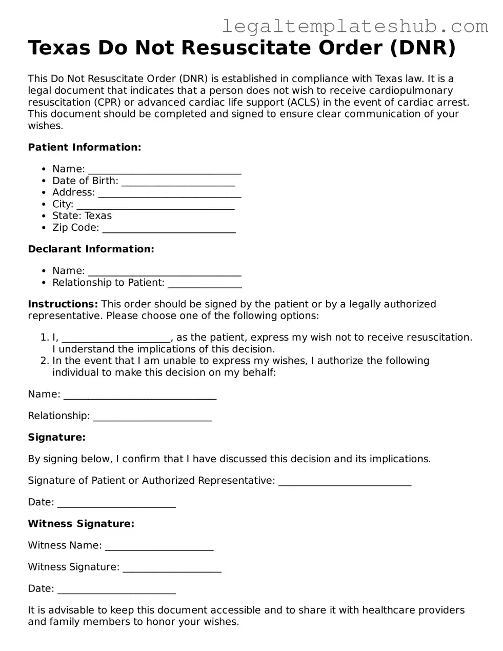 Printable  Do Not Resuscitate Order Document for Texas