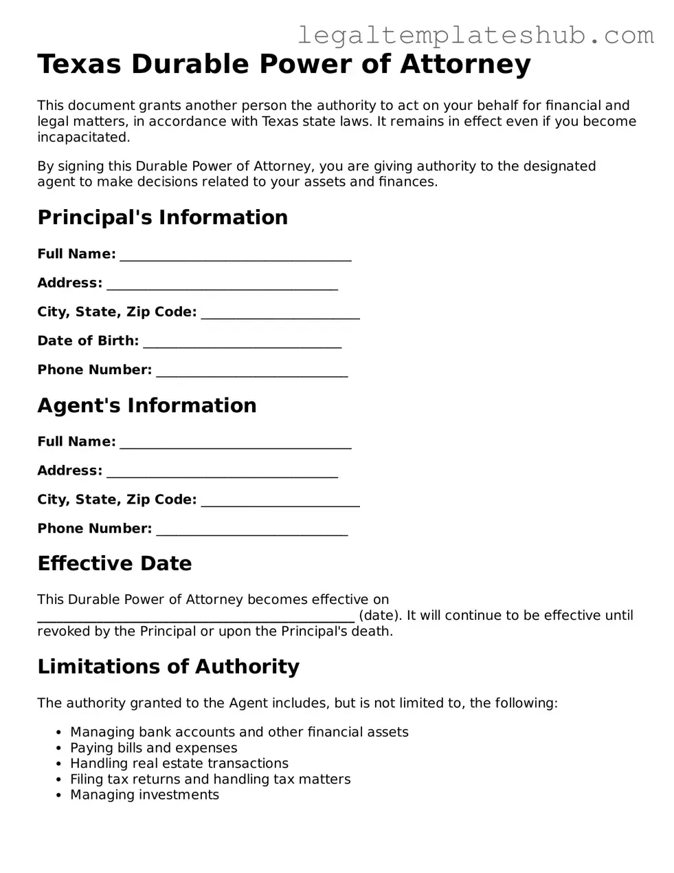Printable Durable Power of Attorney Document for Texas