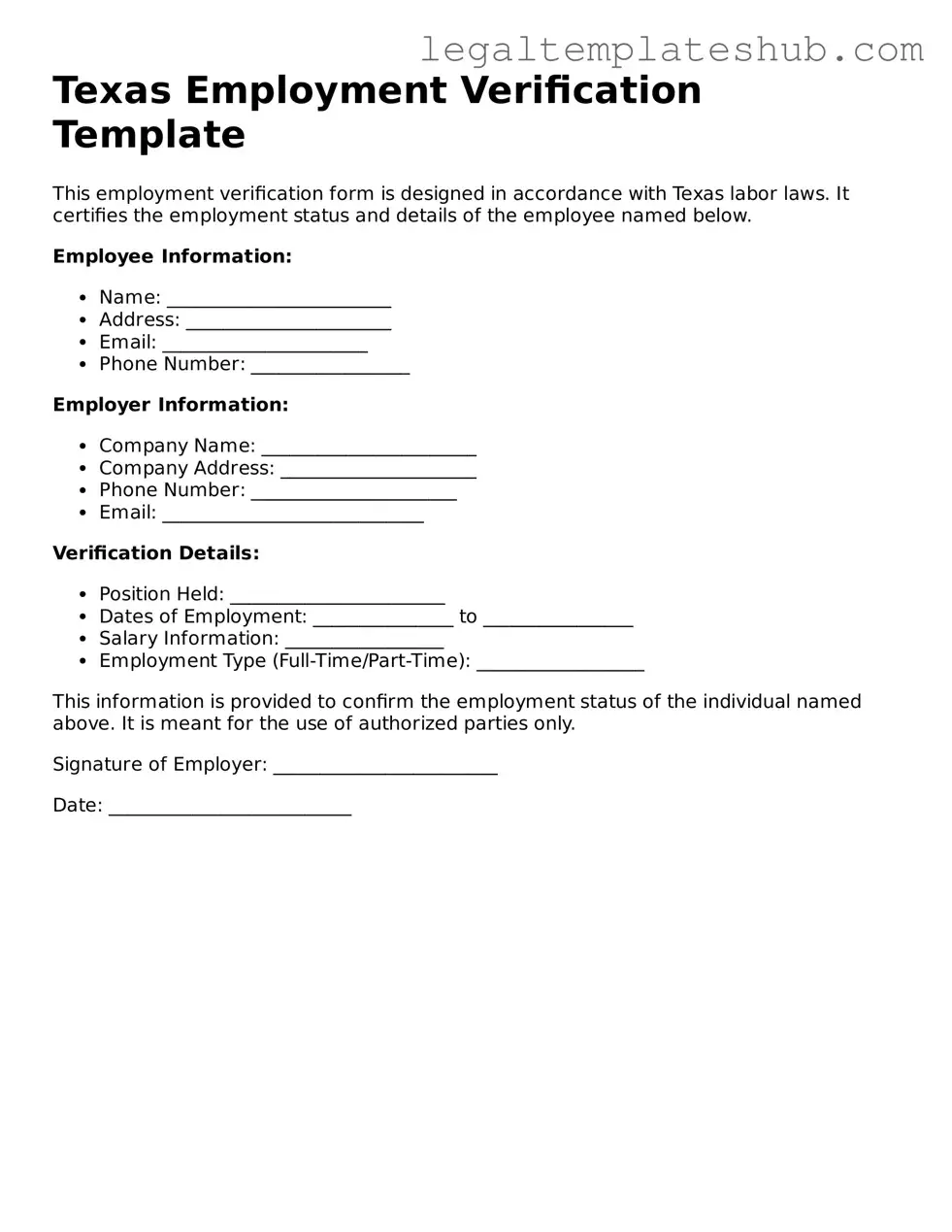Printable Employment Verification Document for Texas