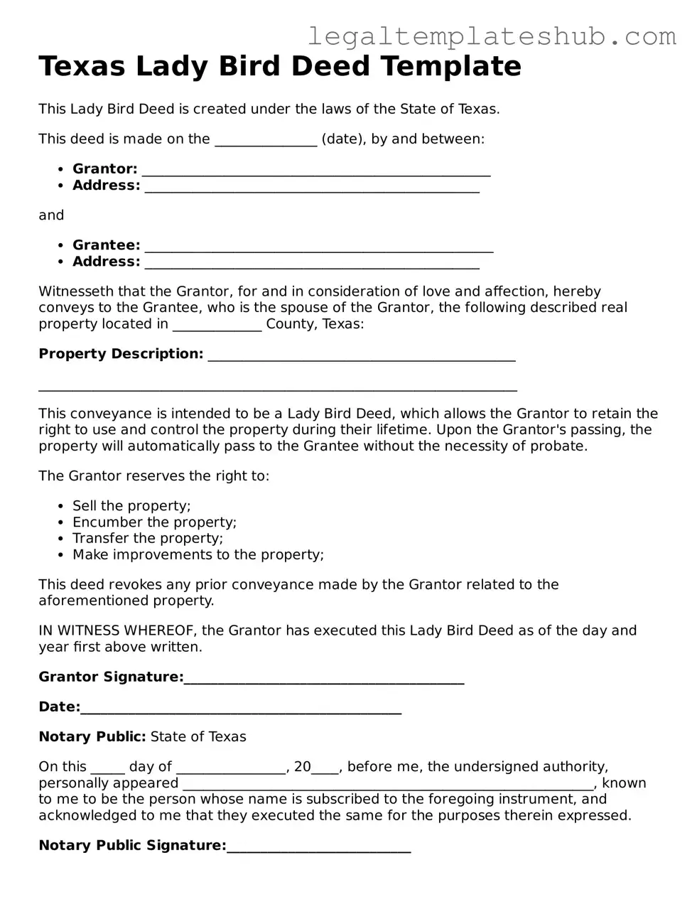 Printable  Lady Bird Deed Document for Texas