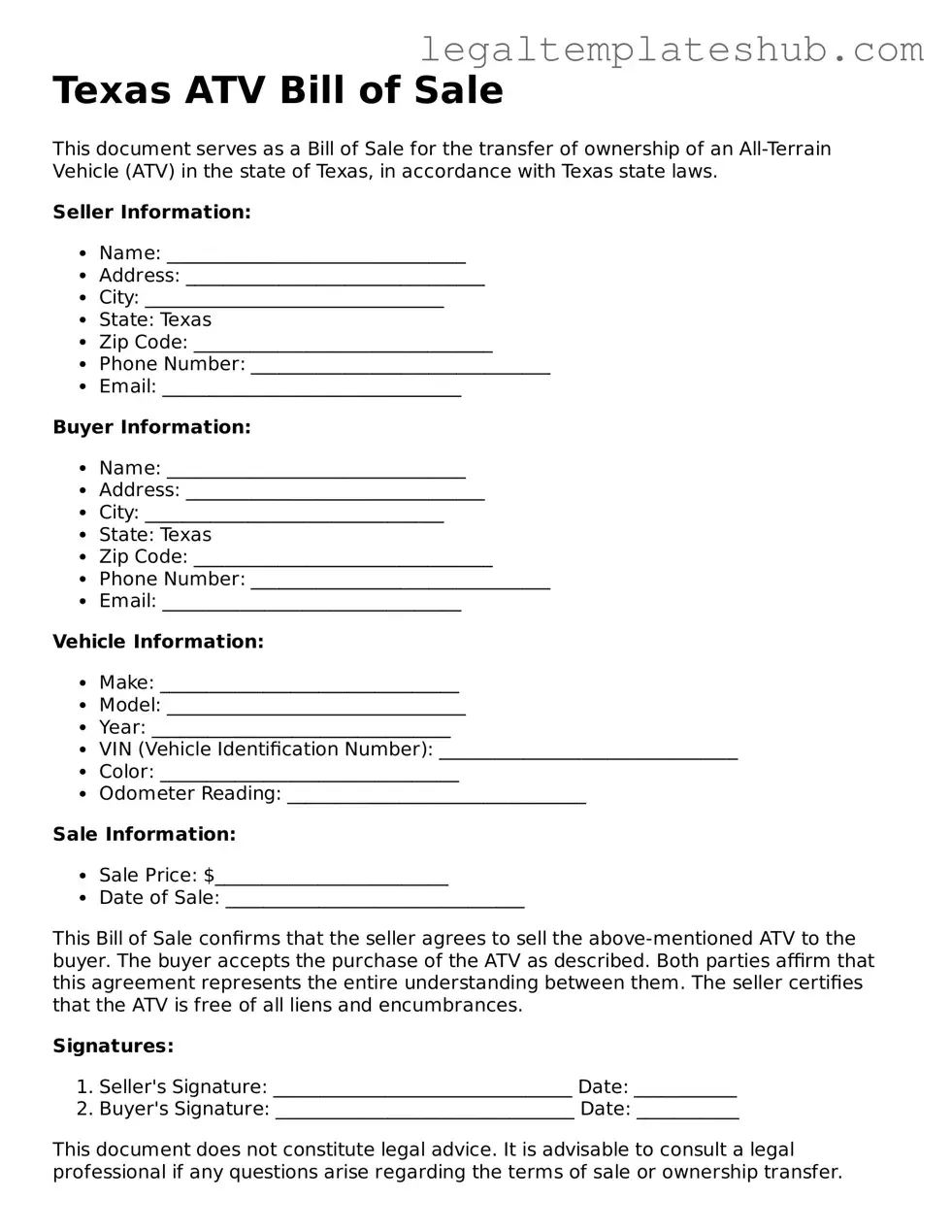 Printable  ATV Bill of Sale Document for Texas