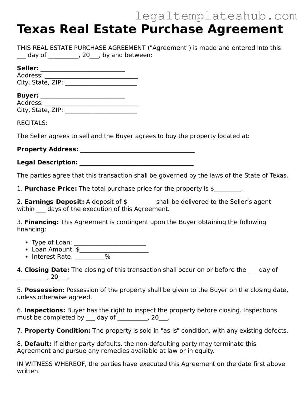 Printable  Real Estate Purchase Agreement Document for Texas