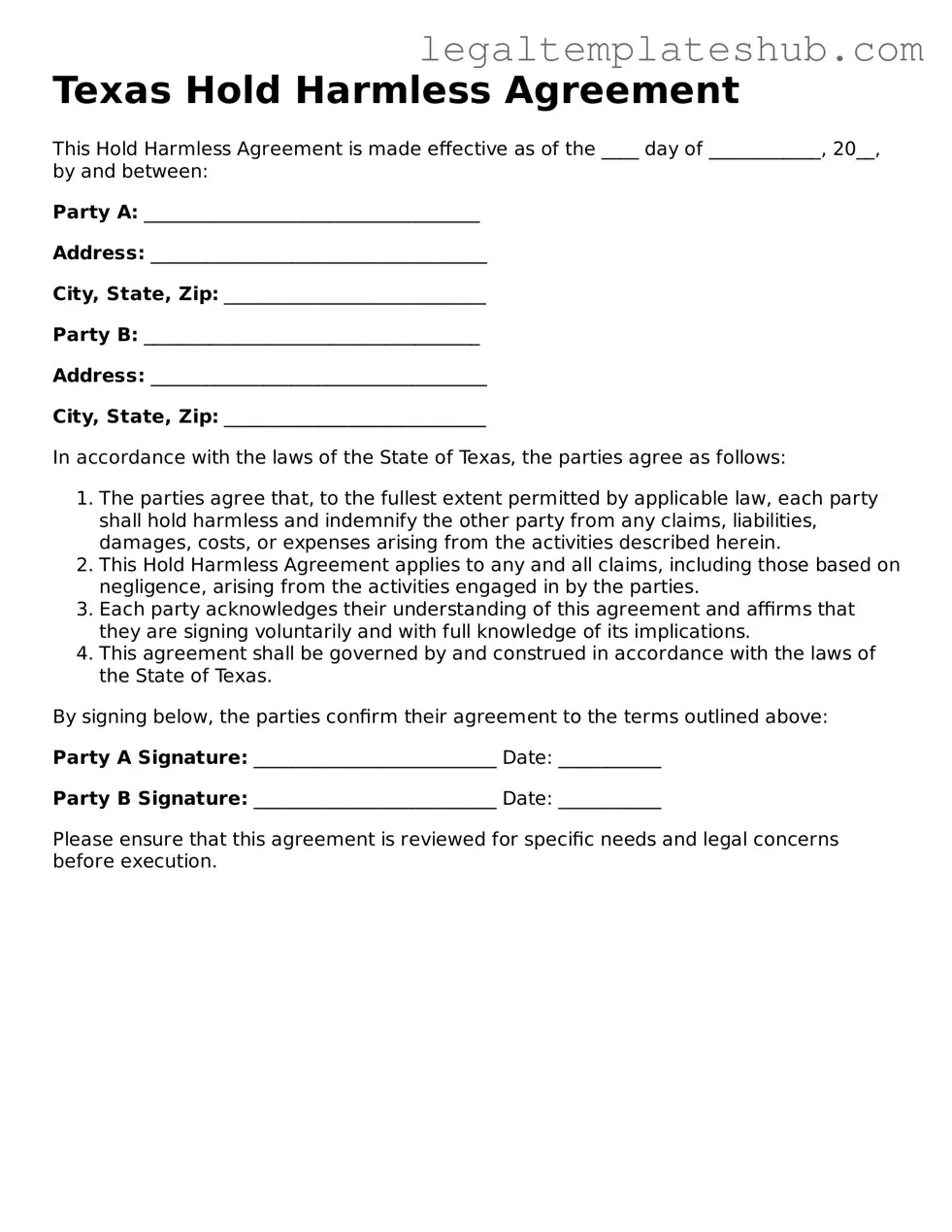 Printable  Hold Harmless Agreement Document for Texas