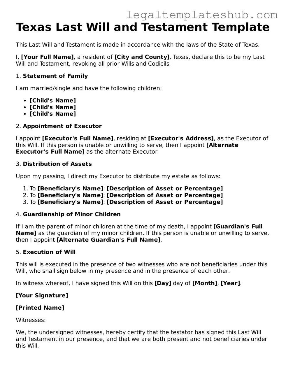 Printable  Last Will and Testament Document for Texas