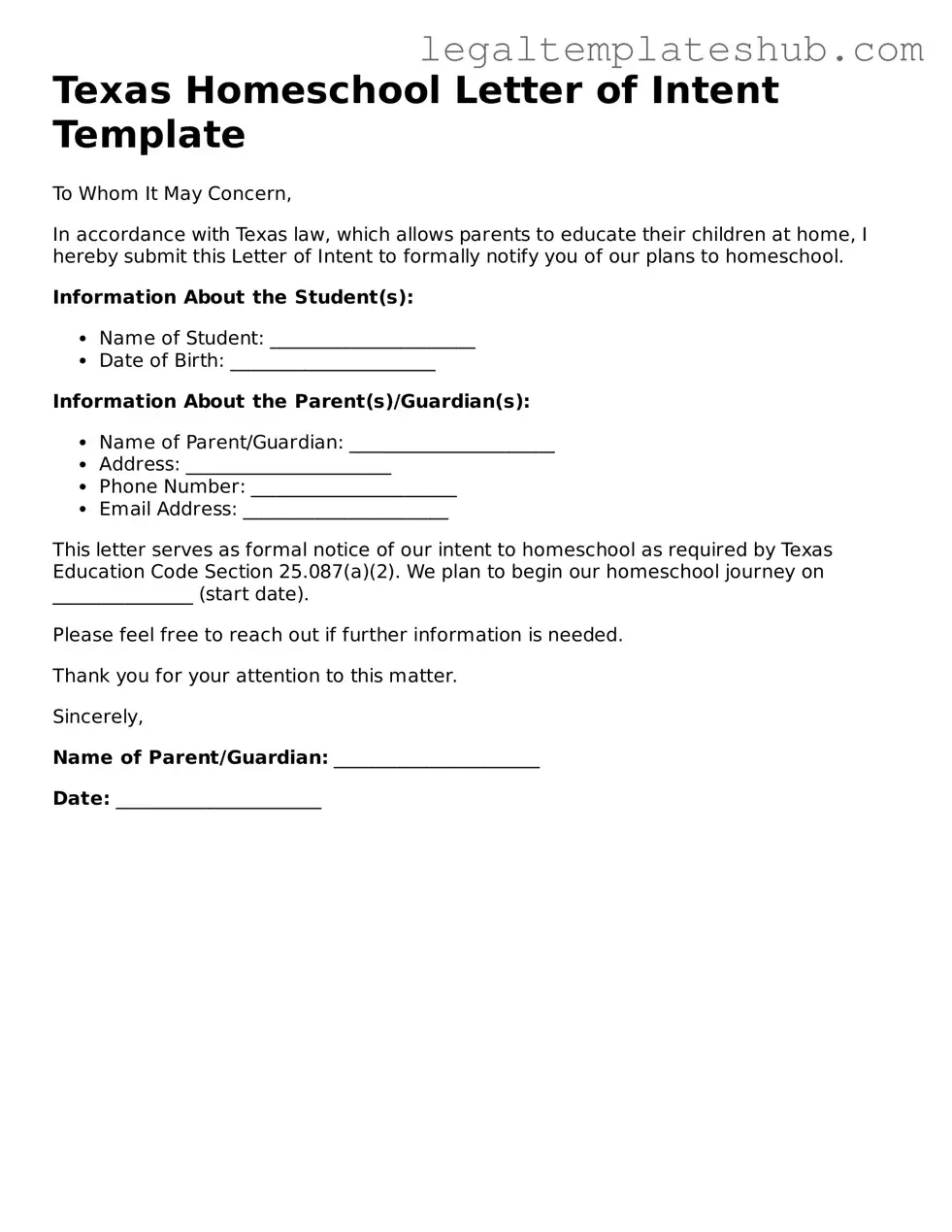 Printable  Homeschool Letter of Intent Document for Texas