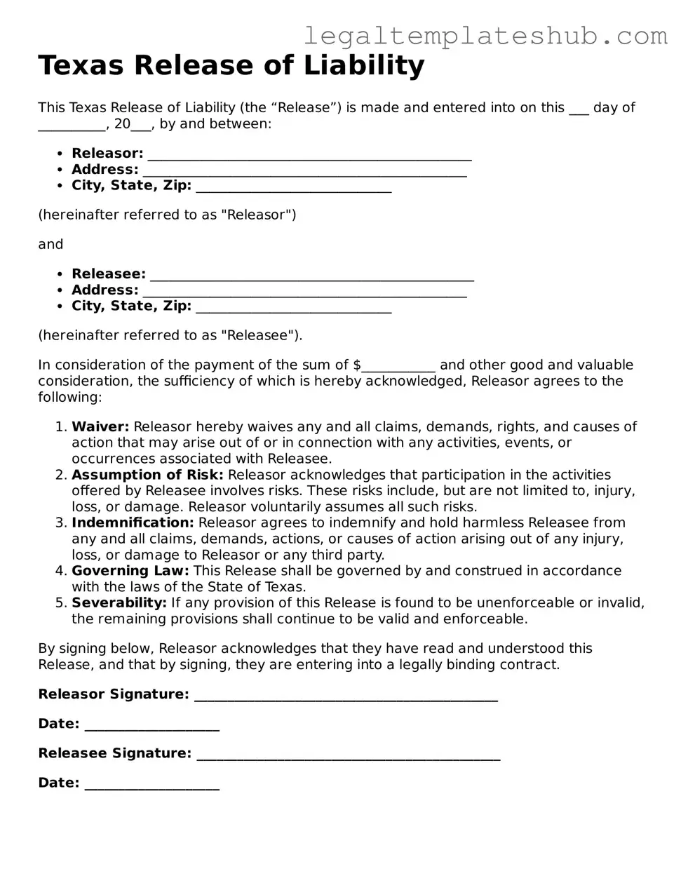 Printable  Release of Liability Document for Texas