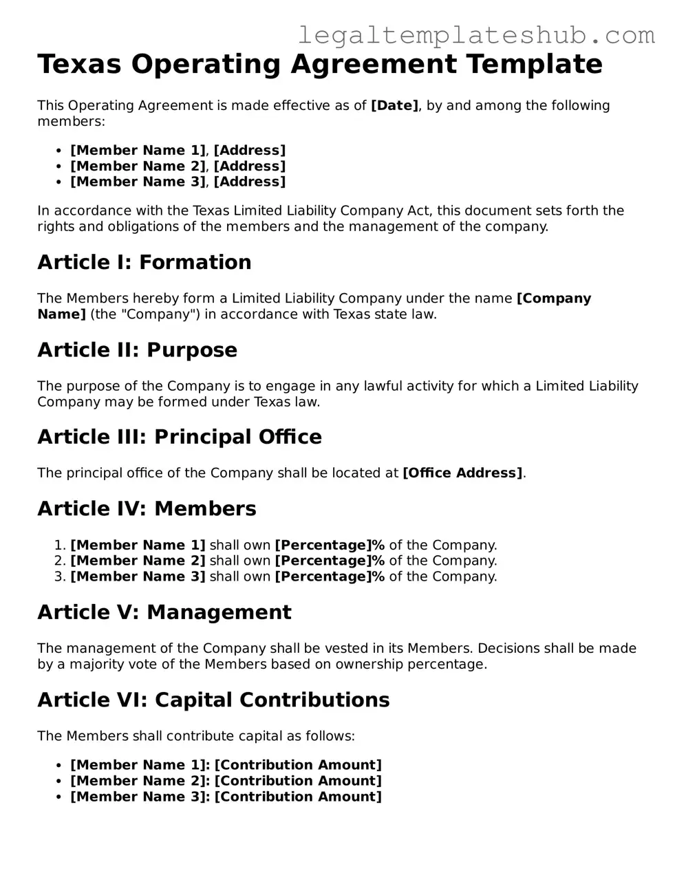 Printable Operating Agreement Document for Texas