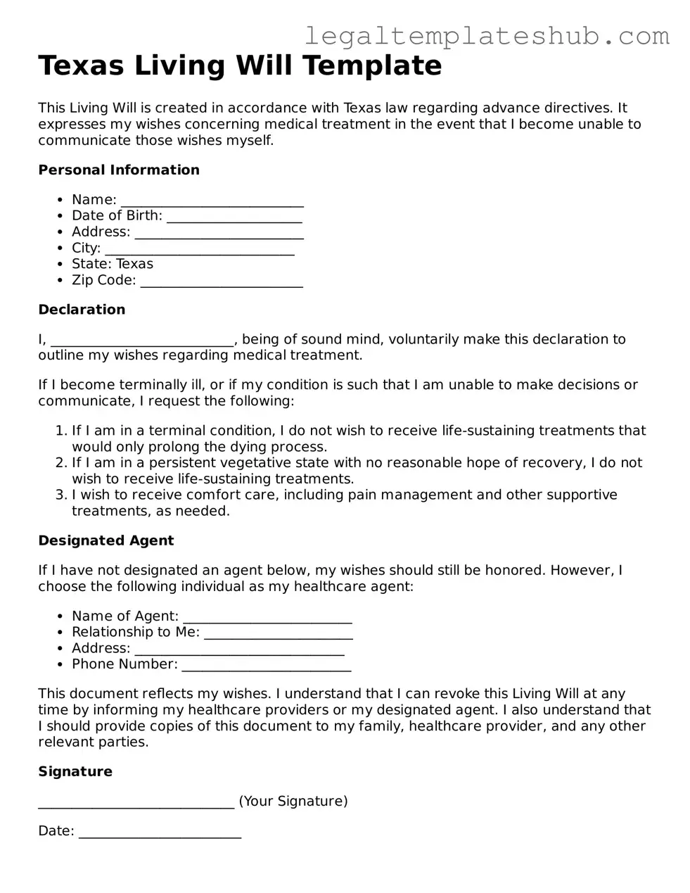 Printable  Living Will Document for Texas