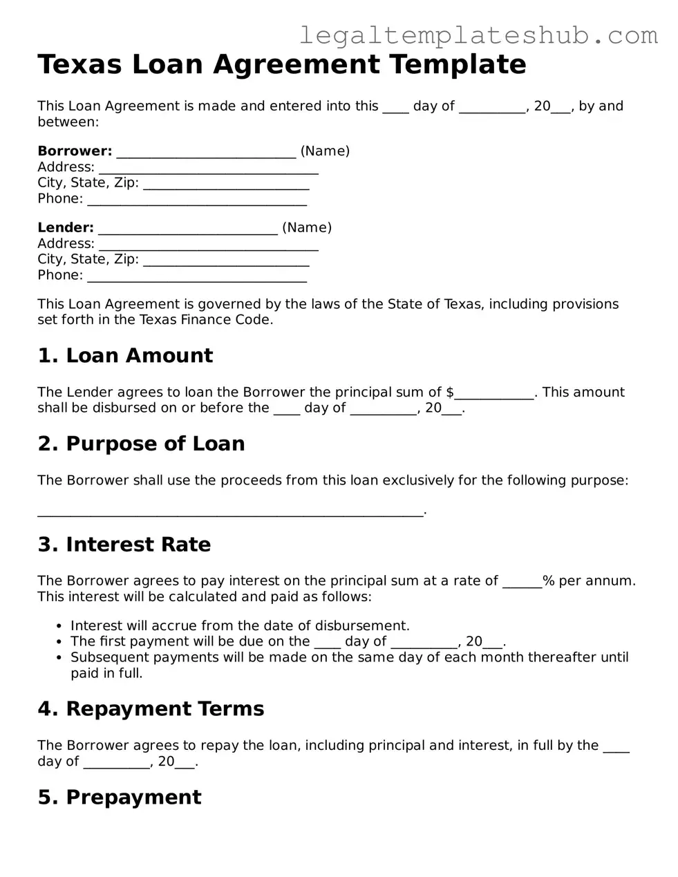 Printable  Loan Agreement Document for Texas